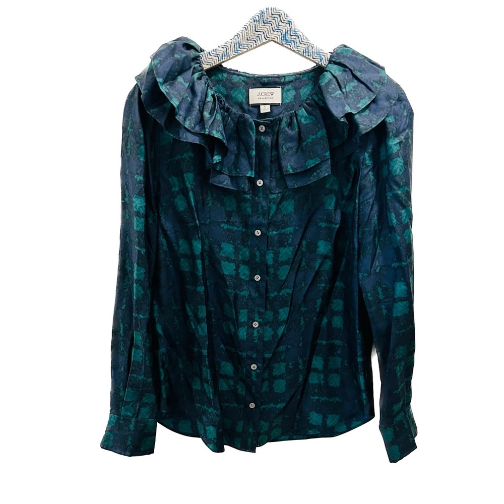 J. Crew Collection Silk Twill Ruffle Collar Shirt small plaid blue green - Picture 2 of 11